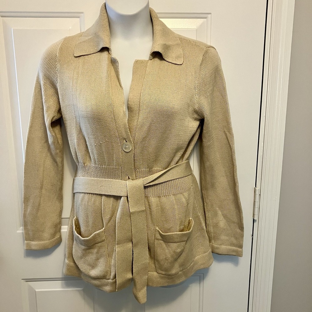 Lauren Ralph Women's Large Button Long Cardigan Belted‎ Sweater Tan Cotton Knit